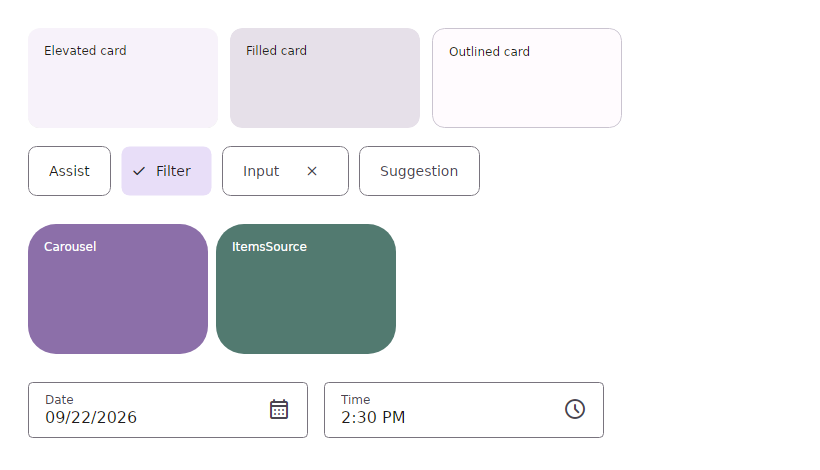 Gallery preview of Material 3 cards, chips, carousel, date picker, and time picker.